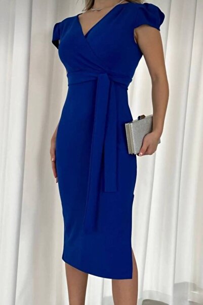 By BAYANA Yırtmaçlı Kuşaklı Kruvaze Yaka Kısa Kollu Elbise Davet Söz Nişan Düğün Söz Mezuniyet