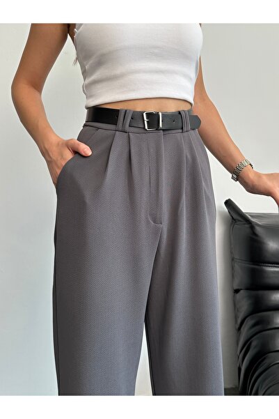 Beybee Kadın Yüksek Bel Kemerli Bol Paça Likralı Palazzo Pantolon