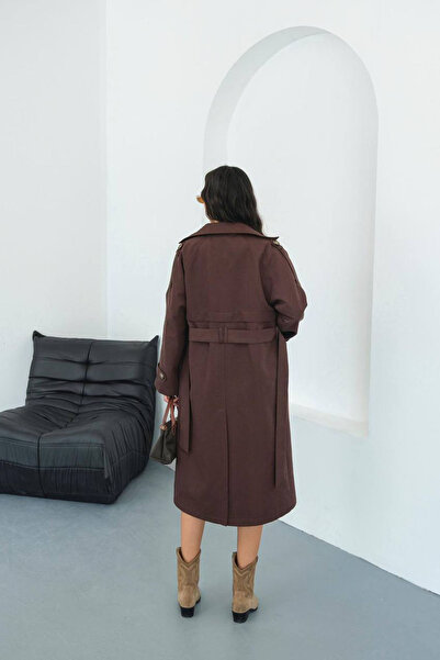 Mode Roy Kahverengi Trençkot Tek Düğmeli Çentikli Yakalı