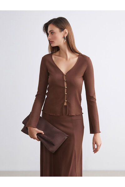 LC Waikiki Brown V-Neck Textured Women's Cardigan