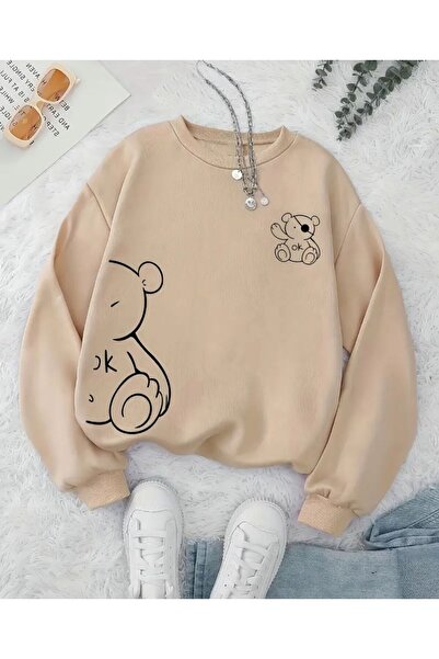 herkesemoda Teddy Bear Pattern Detailed Crew Neck Sweatshirt with Fleece Inside