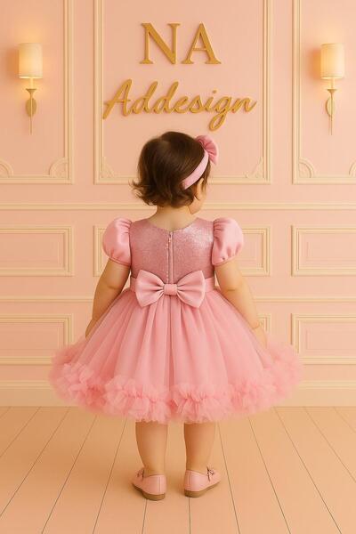 NA ADDESIGN Pink Sequined Bow Detail Puffy Girl's Party & Birthday Dress