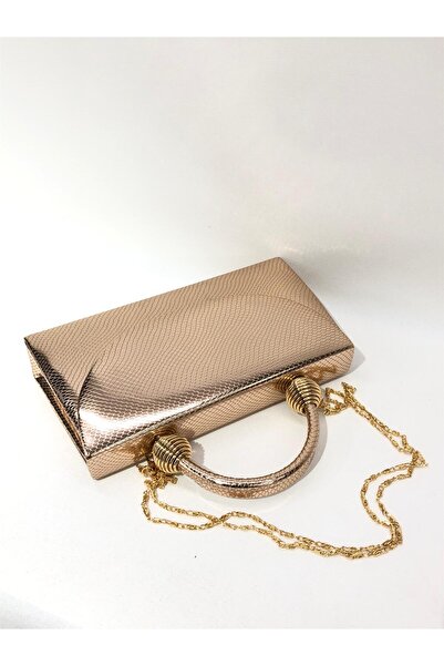 womenacs Rose Color Snakeskin Material Evening Dress Portfolio Handbag with Long Strap (Chain Strap) Women's Bag