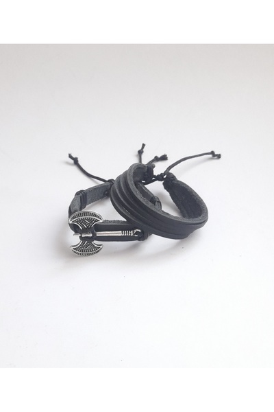 BSN Store طقم من 3 قطع من الأساور والقلادات الرجالية المصنوعة من الجلد الطبيعي مع شكل الفأس