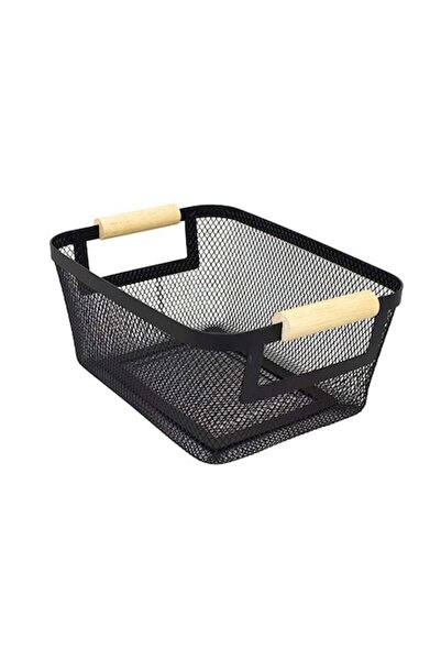 FRANDIS Metal Basket with Wooden Handles, Frandis, 25.5x18.3x11 cm, Black/