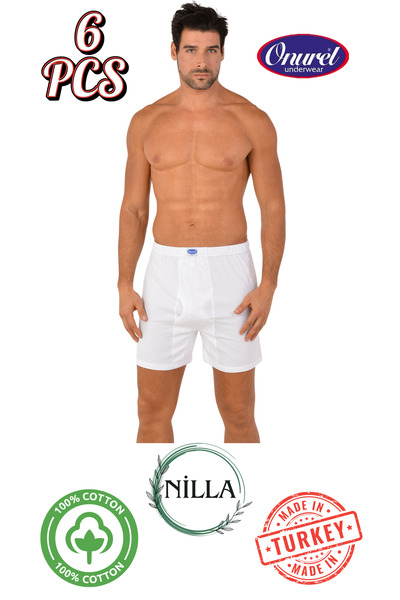 Onurel 6 Pieces Men's 100% Cotton White Combed Cotton Long Boxer Shorts