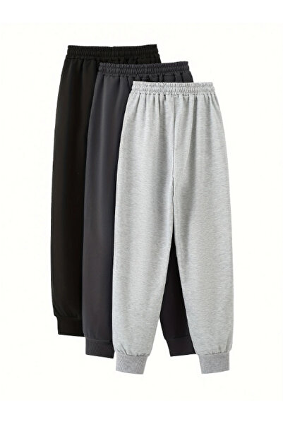 SURMARİ Set of 3 3 Pcs Black Navy Blue Gray Unisex Regular Leg Ribbed Sweatpants