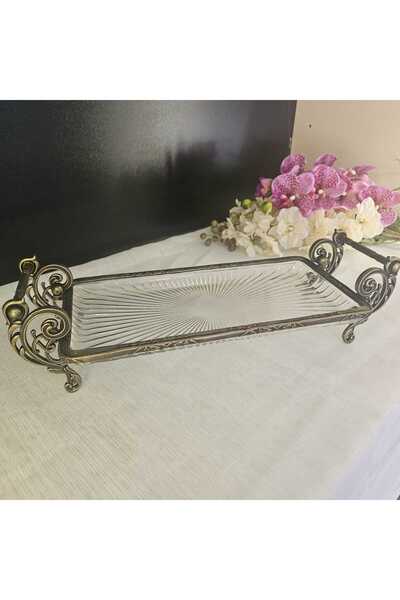 MaviDamla Cast Metal Frame Glass Presentation Plate 37*20 cm Antique Yellow