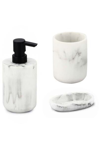 FRANDIS Set dozator, pahar si savoniera, Frandis, polirasina, alb marmorat cu...