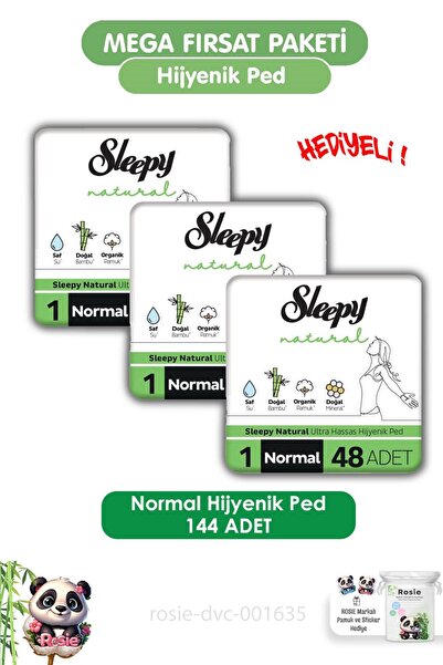 Sleepy فوط صحية طبيعية فائقة الحساسية، عبوة ميجا فرصة، عادية 144 قطعة وروزي