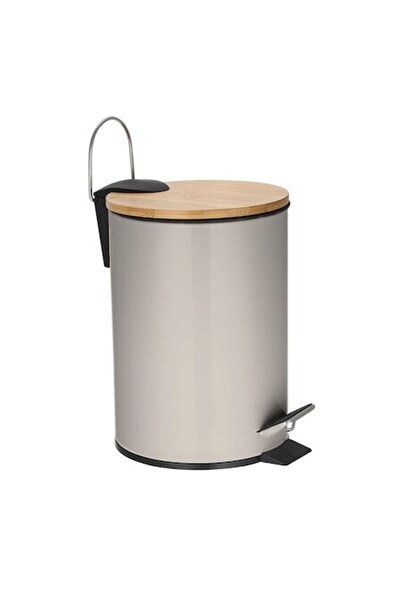 FRANDIS Metal trash bin with pedal, 3 liters, bamboo lid, detachable bucket, Frandis, gray beige