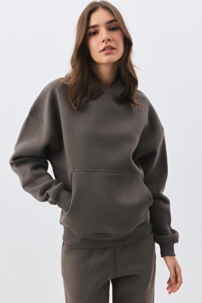 Trendiz Women's premium hooded pocket detailed tracksuit set anthracite 2033