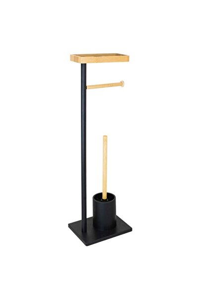 FRANDIS Toilet Brush Stand with Paper Holder, Shelf, Black Metal and Bamboo
