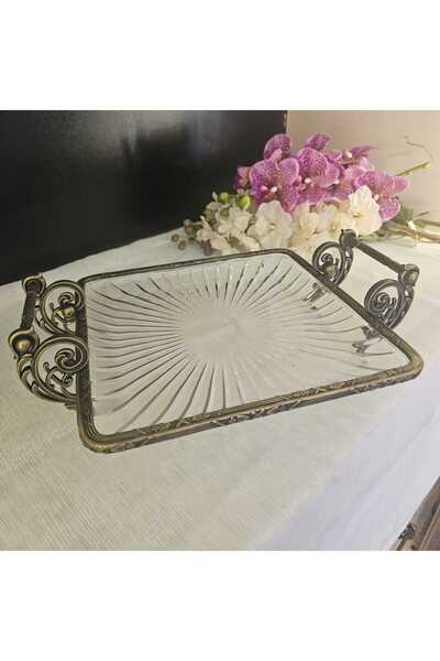 MaviDamla Metal Cast Frame Glass Presentation Plate with Handle Square 25*25 Antique