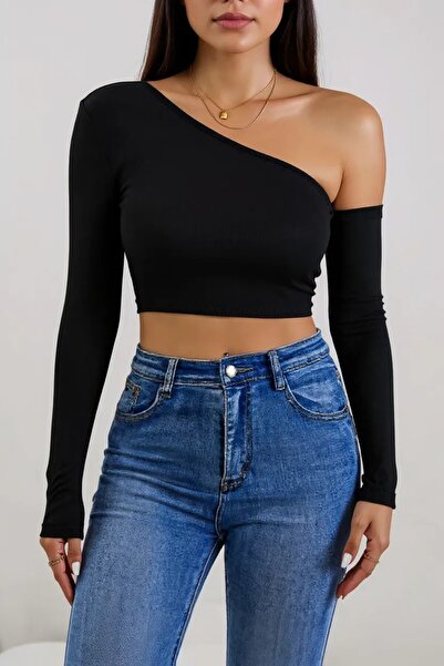 Sepetiva Women's Black One Shoulder Detailed Long Sleeve Crop Top Blouse - Stylish, Comfortable, and Easy to Match