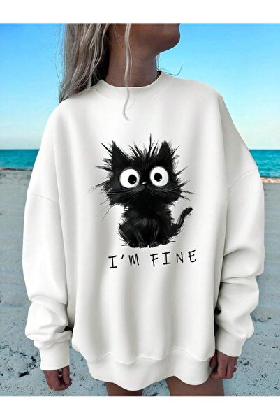 OVER HEAD Жіночий білий светр з принтом «Здивована кішка» та велосипедним ком...