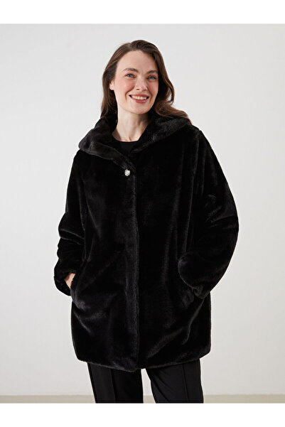 LC Waikiki MG TREND'EN LCW WAIKIKI Siyah Kapüşonlu Kadın Kalın Kürklü Kaban