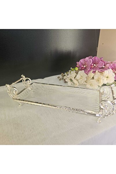 MaviDamla Cast Metal Frame Glass Presentation Plate 32*15 Cm. Silver
