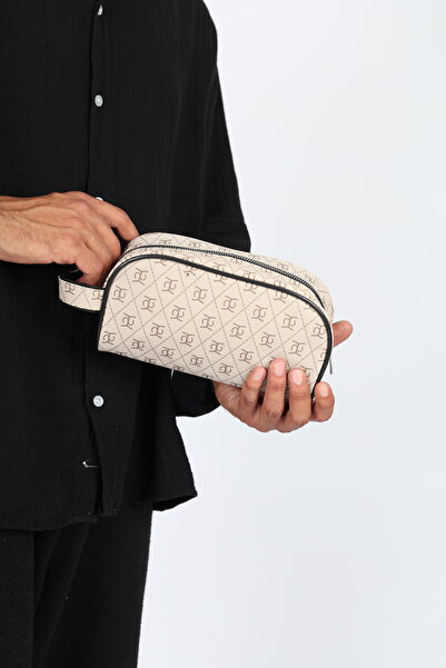 çantaevim Cream Color Unisex Waterproof Shaving & Cosmetic Portfolio & Clutch Handbag