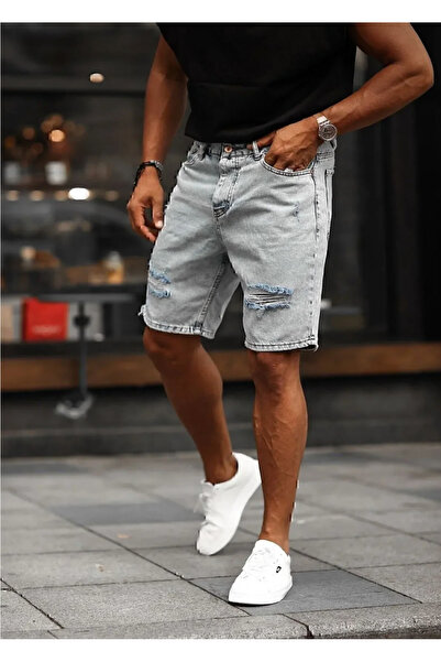 Lyvens Erkek Buz Mavisi Yırtıklı Kot Şort