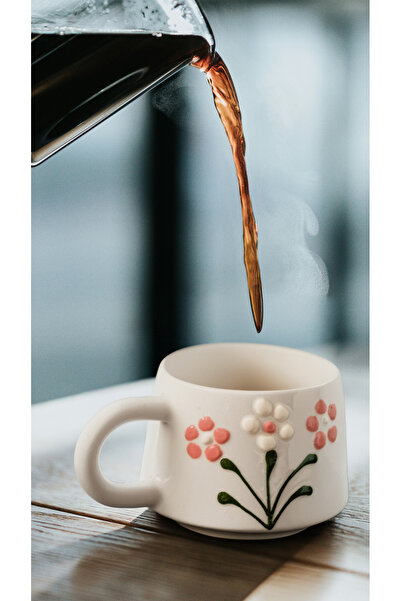 touchmughm Pink 3 Daisy Patterned Special Embossed Hand-Painted Ceramic Mug, Double, Coffee Cup, Mug