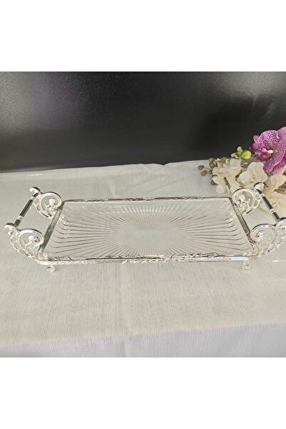 MaviDamla Cast Metal Frame Glass Presentation Plate 32*15 Cm. Silver