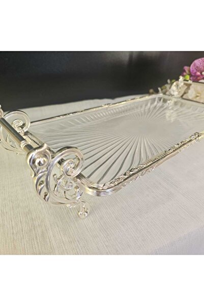 MaviDamla Cast Metal Frame Glass Presentation Plate 32*15 Cm. Silver