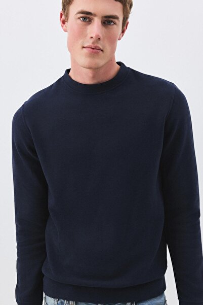 Trendiz Men's Slim Fit Cotton Thessaloniki Fabric Crew Neck Sweatshirt Navy Blue