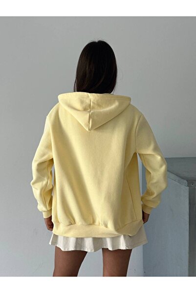 BE CHİC KADIN KAPÜŞONLU FERMUARLI CEPLİ İÇİ POLARLI OVERSİZE SALAŞ DÜZ BASİC SWEATSHİRT G252519