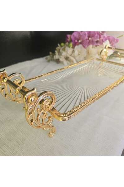 MaviDamla Cast Metal Frame Glass Presentation Plate 32*15 cm Gold