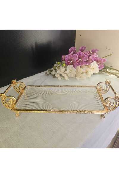 MaviDamla Cast Metal Frame Glass Presentation Plate with Handle 37*20 cm Gold