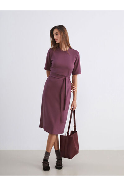 LC Waikiki Soulife Burgundy Crew Neck Belted Dress