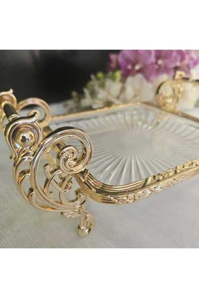 MaviDamla Cast Metal Frame Glass Presentation Plate with Handle 19*19 Square Gold