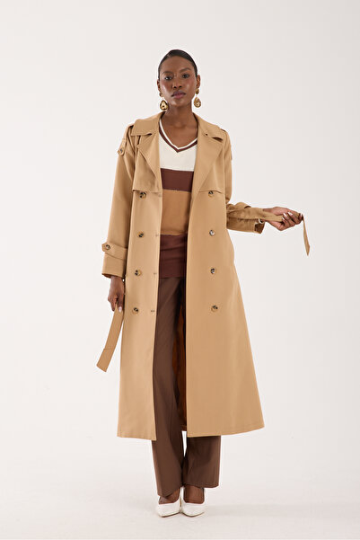 Soydan Güner Kadın Su Geçirmez Kırışmaz Uzun Trençkot Camel (128 CM) 7670