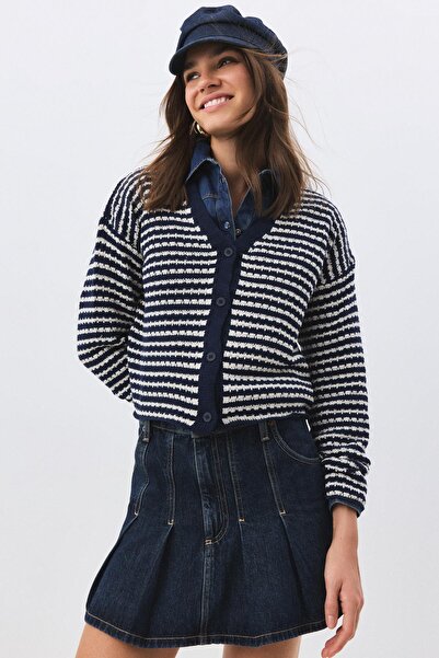 Trendiz Women's V-Neck Thin Striped Knitwear Cardigan Navy Blue 6948