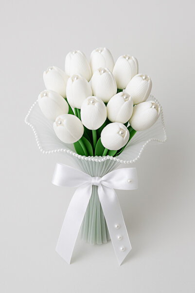 Bioren İnci Detaylı Islak Lale Gelin Buketi, Gelin Çiçeği (Yaka Çiçeği Hediyeli)