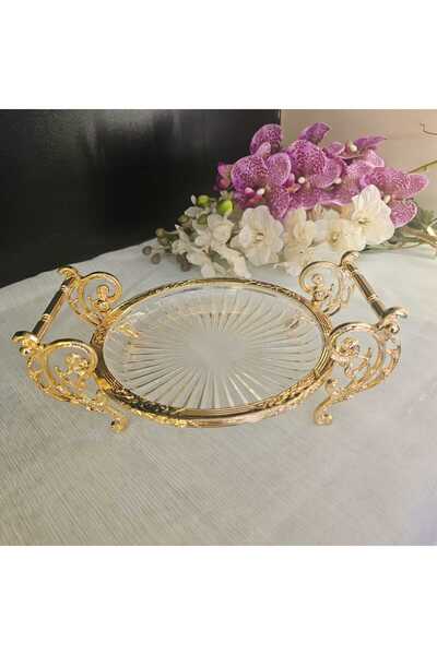 MaviDamla Cast Metal Frame Glass Presentation Plate Round 21.cm Gold