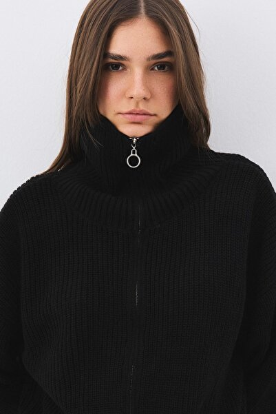 Trendiz Women's Zippered Turtleneck Knitwear Cardigan Black 6919