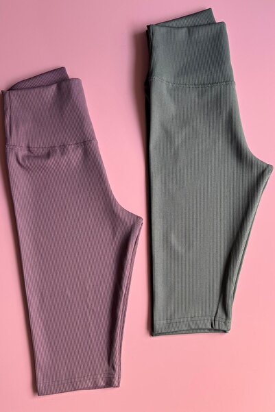 Elosia Form Rise | 2'li Diz Üstü Gül Kurusu ve Çağla Yeşili Renk Yüksek Bel Toparlayıcı Kadın Tayt