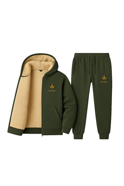 CLASSY.MODA Thermal-Tracksuit Set-2-Piece-Bottom-Top-Embroidery-Hooded-3 Thread Raised-Top Inner Welsoft Excluding Sleeves