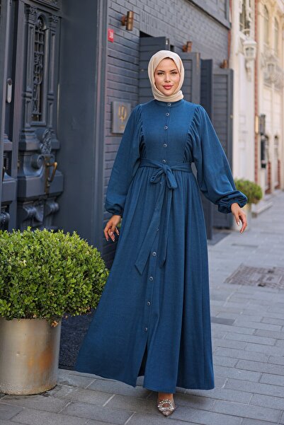 By Pommes Life فستان نسائي بأكمام بالون وحزام وأزرار كاملة