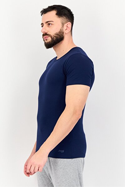 SLOGGI Men 2 Pieces Round Neck Short Sleeve Brand Logo Undershirt, Navy