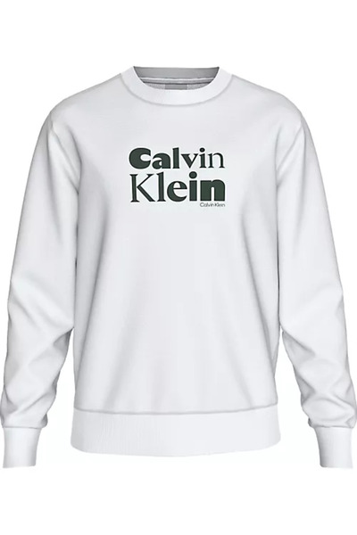 Calvin Klein Erkek Rahat Kalıp Yuvarlak Yakalı CK Logo Desenli Pamuklu Uzun Kollu Beyaz Sweatshirt LV04LD242G-YAF
