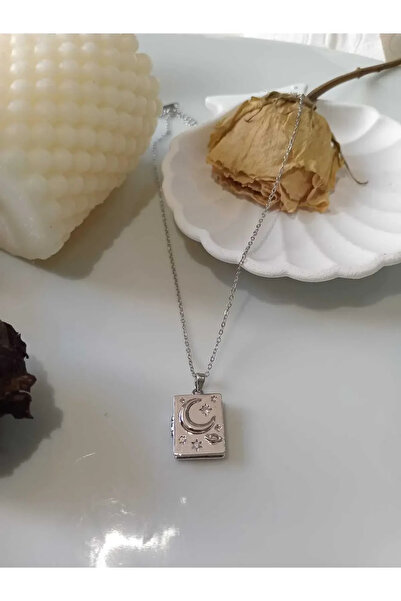 STAİNLES قلادة صندوق سري على شكل القمر والنجوم الفضية
