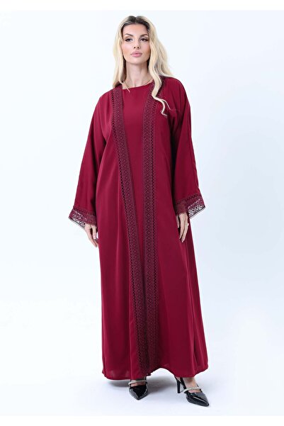 Msquare Fashion 3-Piece Maroon Abaya Set with Intricate Lace Detailing & Matching Headscarf