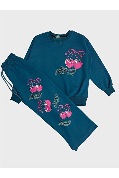ALİŞ KİDS Σετ αθλητικής φόρμας για κορίτσια από βαμβακερό πετρέλαιο με πράσινο σχέδιο κερασιού με μακρυμάνικο φαρδύ πόδι
