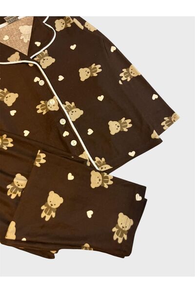 ALİŞ KİDS Σετ πιτζάμες με κουμπιά με γιακά πουκάμισο με σχέδιο αρκουδάκι από βαμβακερό ύφασμα σουέτ για μητέρα και κόρη