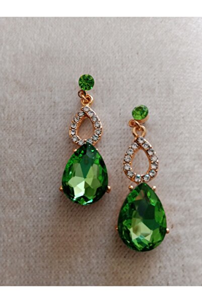 Pervin Ablacım Açık yeşil renkli taşlı çelik Gold sallanan küpe