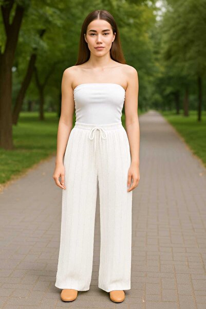ECK MODA Women's Textured Elastic Waist Flexible Comfortable Fit Pants