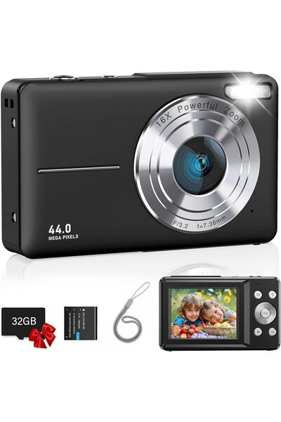 Prosight Digital Camera, FHD 1080P Kids Camera With 32GB Card, 16X Digital Zoom, 44MP Compact Point